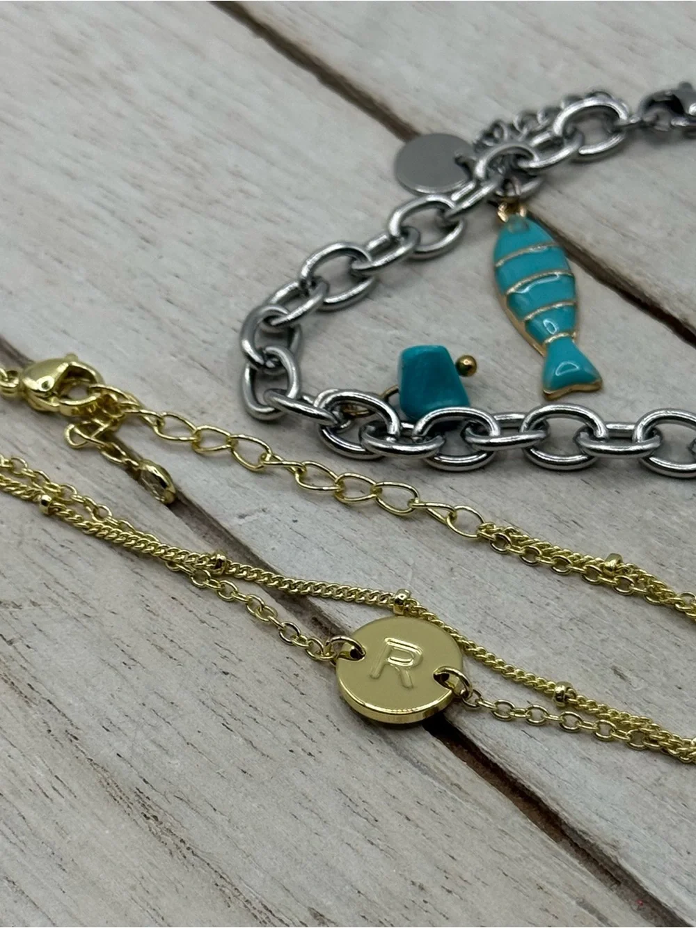 Set of two Letter “R” Turquoise Charm Bracelet and Gold Necklace Set